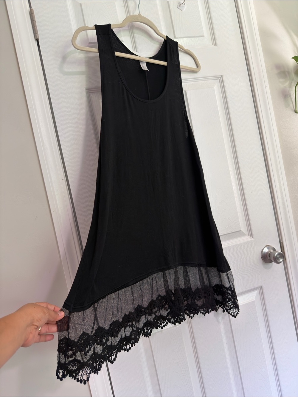heathmoor Black Mesh Lace Trim Scoop Neck Stretch Tank Top Size L